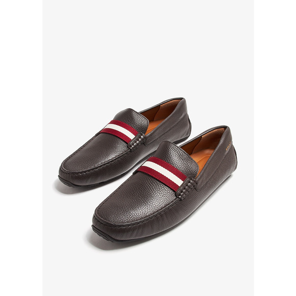 Bally Perthy Leather Loafers Brown w/ Red and White Stripe Men's Size 11.5 - Picture 1 of 7